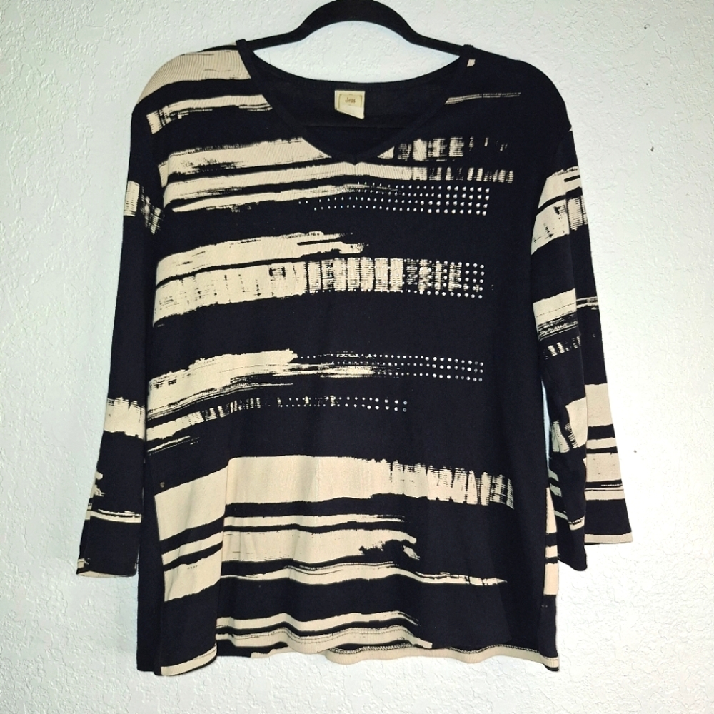 Jess & Jane Shirt Womens L Black White Scroll Pen Artsy Bling Studded USA